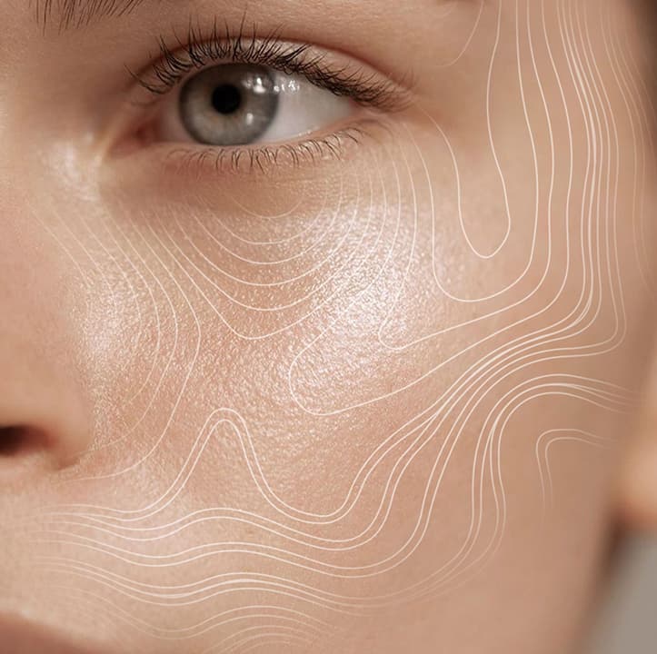 Close-up of face with 3D topographic contour lines showing AI-powered skin analysis at Call of Beauty in Encinitas